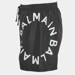Pre Owned Balmain Black Logo Printed Synthetic Drawstring Swim Shorts L