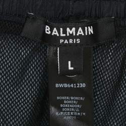 Pre Owned Balmain Black Logo Printed Synthetic Drawstring Swim Shorts L