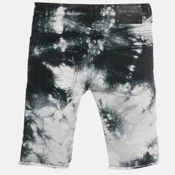 Pre Owned Balmain Black/ White Tie-Dye Frayed Hem Distressed Denim Shorts XS Waist 29"