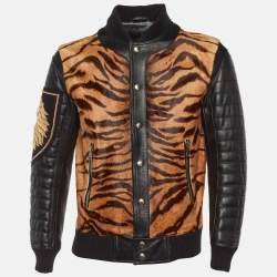 Pre Owned Balmain Black Animal Print Leather Tiger Embellished Bomber Jacket L
