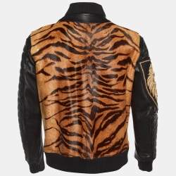 مملوكة مسبقًا Balmain Black Animal Print Leather Tiger Embellished Bomber Jacket L
