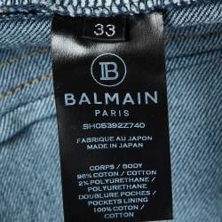 Pre Owned Balmain Blue Denim Ribbed Knee Tapered Biker Jeans XL/Waist 36" 