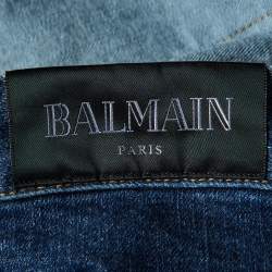 Pre Owned Balmain Blue Denim Ribbed Knee Tapered Biker Jeans XL/Waist 36" 