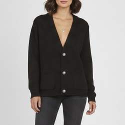 Pre Owned Balmain Black Logo Intarsia Wool Knit Button-Down Cardigan M