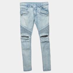 Pre Owned Balmain Blue Distressed Denim Biker Skinny Jeans M/Waist 32"