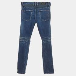 Pre Owned Balmain Blue Distressed Denim Biker Skinny Jeans S/Waist 30"