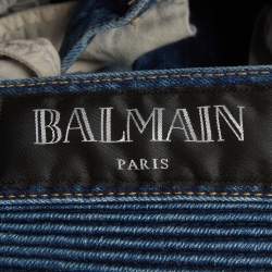 Pre Owned Balmain Blue Distressed Denim Biker Skinny Jeans S/Waist 30"