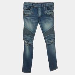 Balmain Blue Distressed Denim Biker Skinny Jeans S/Waist 32"