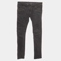 مملوكة مسبقًا Balmain Black Ribbed Denim Biker Skinny Jeans S/Waist 32"