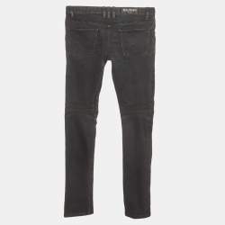 مملوكة مسبقًا Balmain Black Ribbed Denim Biker Skinny Jeans S/Waist 32"