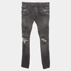 Pre Owned Balmain Grey Distressed Denim Biker Skinny Jeans S/Waist 32"