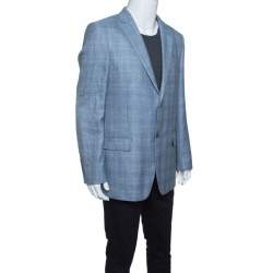 Pre Owned Balmain Blue Checkered Wool and Linen Slim Fit Soft Shoulder Blazer XXL