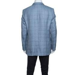 Pre Owned Balmain Blue Checkered Wool and Linen Slim Fit Soft Shoulder Blazer XXL