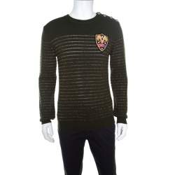 Balmain Military Green Striped Lurex and Merino Wool Crest Badge Detail Sweater L