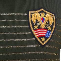 Balmain Military Green Striped Lurex and Merino Wool Crest Badge Detail Sweater L