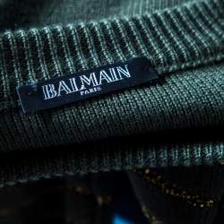 Balmain Military Green Striped Lurex and Merino Wool Crest Badge Detail Sweater L