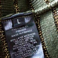 Balmain Military Green Striped Lurex and Merino Wool Crest Badge Detail Sweater L