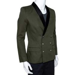 Pre Owned Balmain Military Green Gabardine Contrast Lapel Blazer XXXS