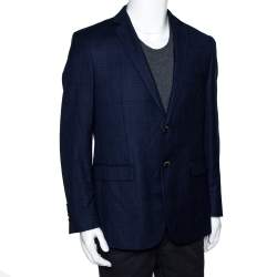 Pre Owned Balmain Super 120s Navy Blue Checkered Wool Slim Fit Blazer XL