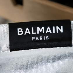 Pre Owned Balmain White Metallic Foil Print Distressed Skinny Biker Jeans M