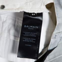 Pre Owned Balmain White Metallic Foil Print Distressed Skinny Biker Jeans M