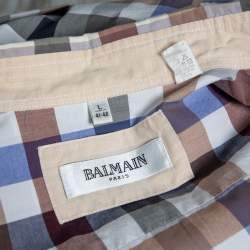 Balmain Paris Multicolor Gingham Checked Cotton Button Down Shirt L