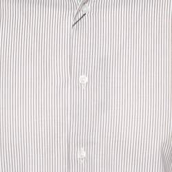 Balmain Cream & Brown Striped Cotton Button Front Slim Fit Two Ply Shirt L