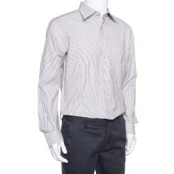 Balmain Cream & Brown Striped Cotton Button Front Slim Fit Two Ply Shirt L