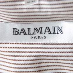 Balmain Cream & Brown Striped Cotton Button Front Slim Fit Two Ply Shirt L