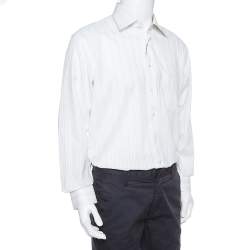 Pre Owned Balmain Cream Striped Cotton Long Sleeve Button Front Two Ply Shirt L