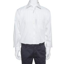 Pre Owned Balmain Cream Striped Cotton Long Sleeve Button Front Two Ply Shirt L