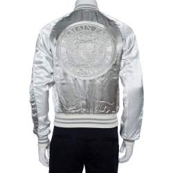 Pre Owned Balmain Silver Satin Logo Embroidered Medallion Bomber Jacket XS