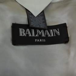 Pre Owned Balmain Silver Satin Logo Embroidered Medallion Bomber Jacket XS