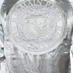 Pre Owned Balmain Silver Satin Logo Embroidered Medallion Bomber Jacket XS