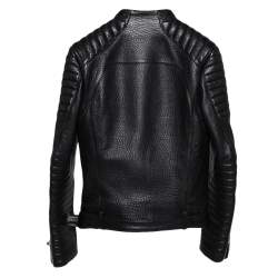 Pre Owned Balmain Black Leather Front Open Belted Waist Detail Moto Biker Jacket S