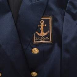 Pre Owned Balmain Navy Blue Logo Embroidered Silk Satin Double Breasted Blazer S