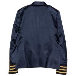 Pre Owned Balmain Navy Blue Logo Embroidered Silk Satin Double Breasted Blazer S