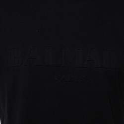 Pre Owned Balmain Black Logo Embossed Cotton Knit Crewneck T-Shirt L