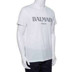 Pre Owned Balmain White Cotton Logo Velvet Printed Crewneck T-Shirt L