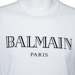 Pre Owned Balmain White Cotton Logo Velvet Printed Crewneck T-Shirt L