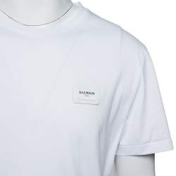 Pre Owned Balmain White Cotton Logo Patch Detail Crewneck T-Shirt L