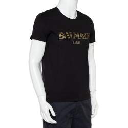 Pre Owned Balmain Black Cotton Metallic Logo Printed Crewneck T-Shirt M