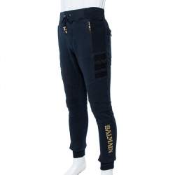 Pre Owned Balmain Navy Blue Logo Printed Cotton Knit Quilted Detail Biker Joggers XL