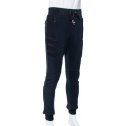 Pre Owned Balmain Navy Blue Logo Printed Cotton Knit Quilted Detail Biker Joggers XL
