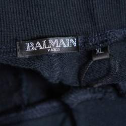 Pre Owned Balmain Navy Blue Logo Printed Cotton Knit Quilted Detail Biker Joggers XL