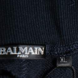 Pre Owned Balmain Navy Blue Logo Printed Cotton Knit Quilted Detail Biker Joggers XL