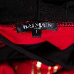 Pre Owned Balmain Red & Black Logo Printed Cotton Hoodie L