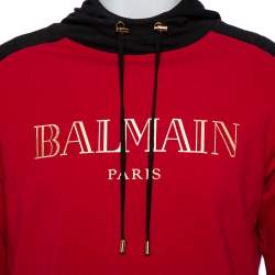 Pre Owned Balmain Red & Black Logo Printed Cotton Hoodie L