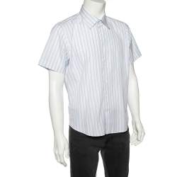Pre Owned Balmain White Striped Cotton Short Sleeve Shirt L