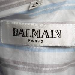 Pre Owned Balmain White Striped Cotton Short Sleeve Shirt L